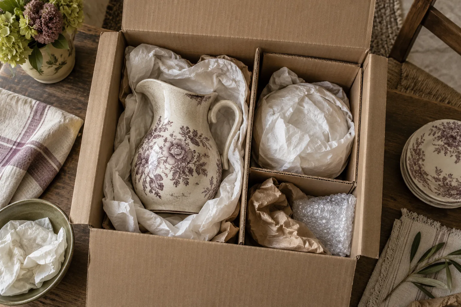 A ceramic jug cushioned inside a divided cardboard packing box.