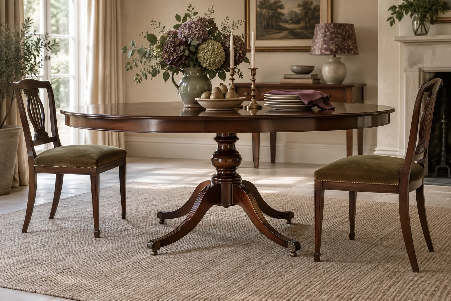 An oval dining table with a central pedestal and space around its feet.