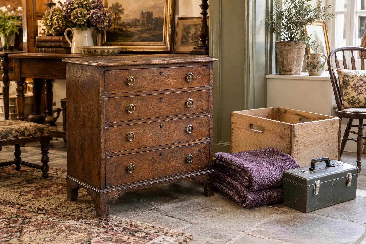 An older chest of drawers beside a moving blanket, crate and toolbox.
