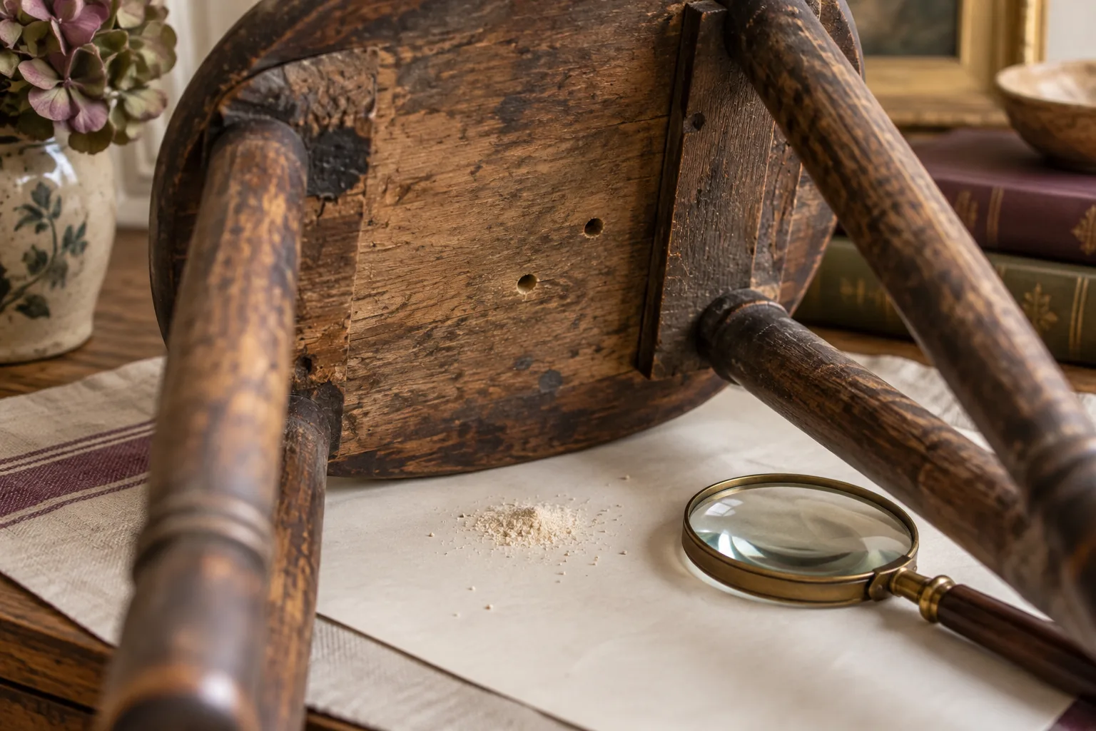 Macro view of underside of small old wooden stool showing two tiny round holes and a small patch of pale fine debris on plain paper beneath, magnifying glass nearby but not obscuring detail, no chemicals