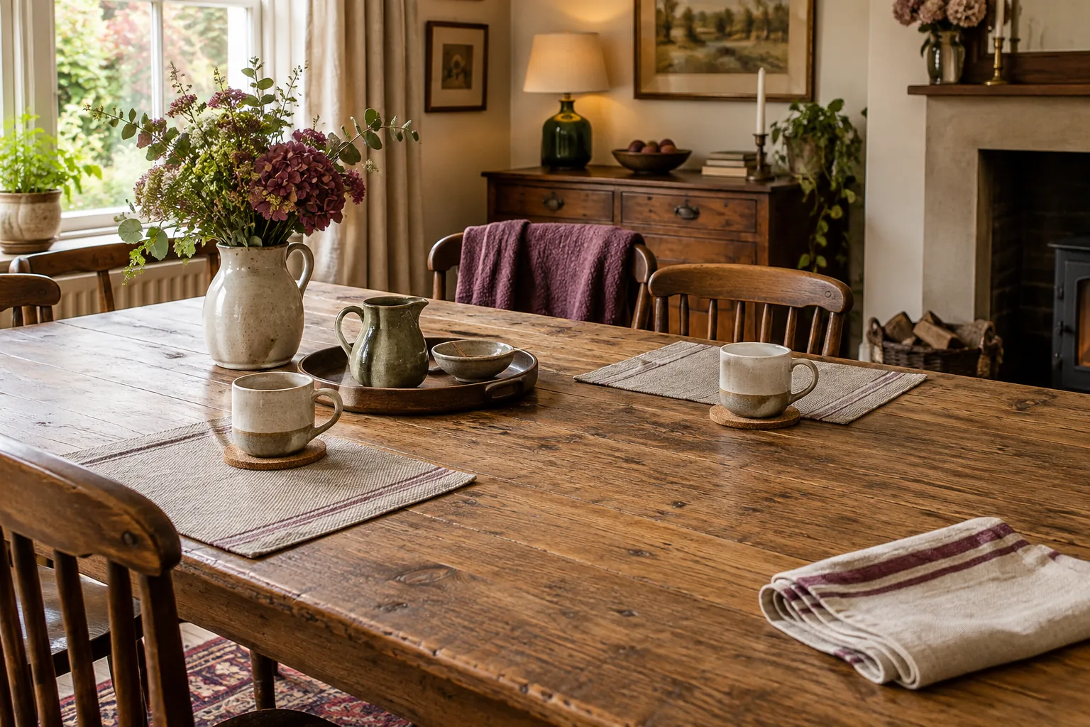 Old oak dining table in everyday use with linen placemats, cork coasters under two cups and a small pitcher on tray, ample clear wooden surface, cotton cloth folded nearby, naturally protective simple setup