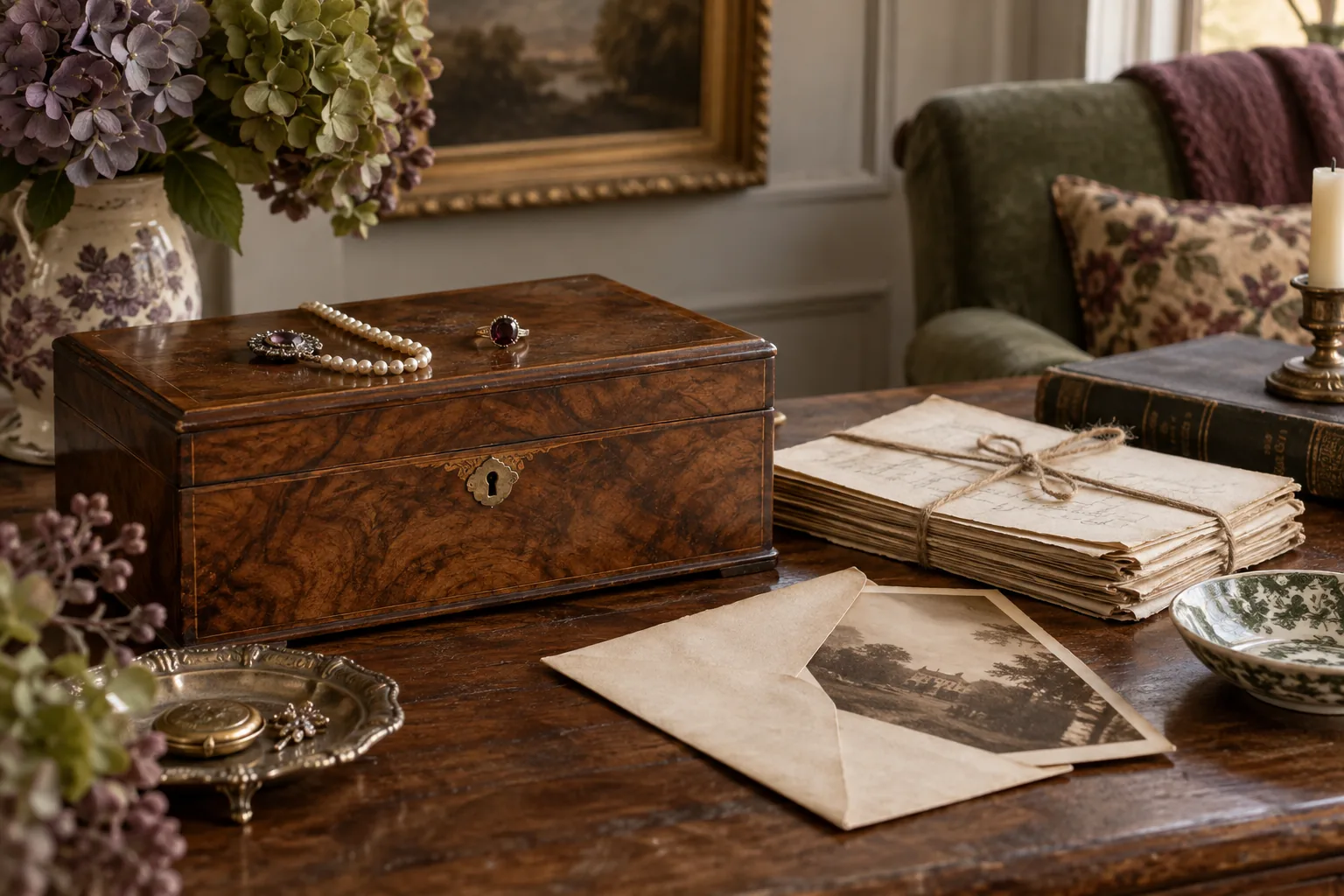A wooden jewellery box beside old papers and a sepia landscape photograph.
