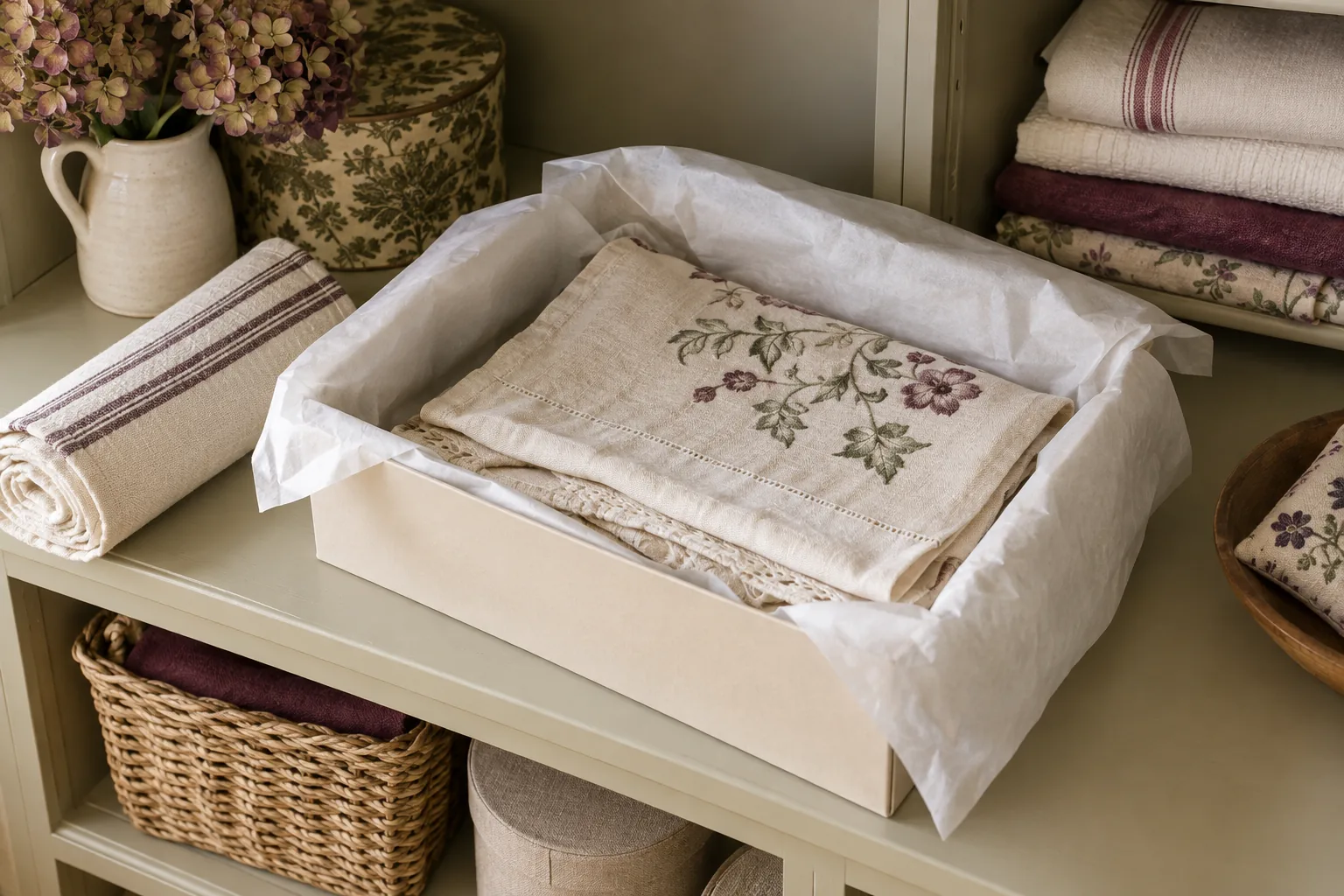 Overhead view of open shallow archival box containing loosely folded vintage linen supported with soft tissue, nearby pale cotton rolled textile, organised roomy cupboard surface, no compression or plastic bags