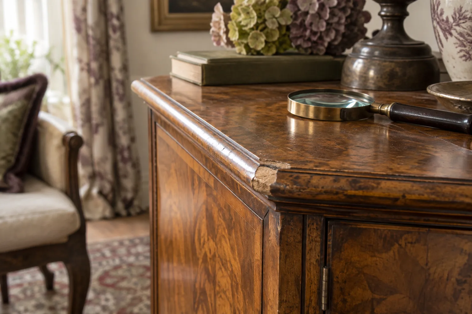 Close view of a worn cabinet corner with a small area of veneer loss.