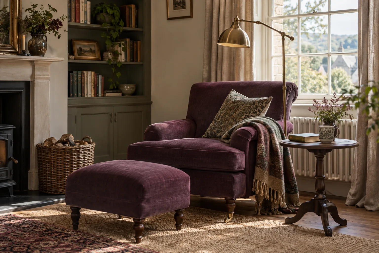 Inviting reading corner with deep plum upholstered chair, oak side table carrying one closed book and cup, adjustable brass reading lamp close enough to use, footstool, window daylight and softly creased textile