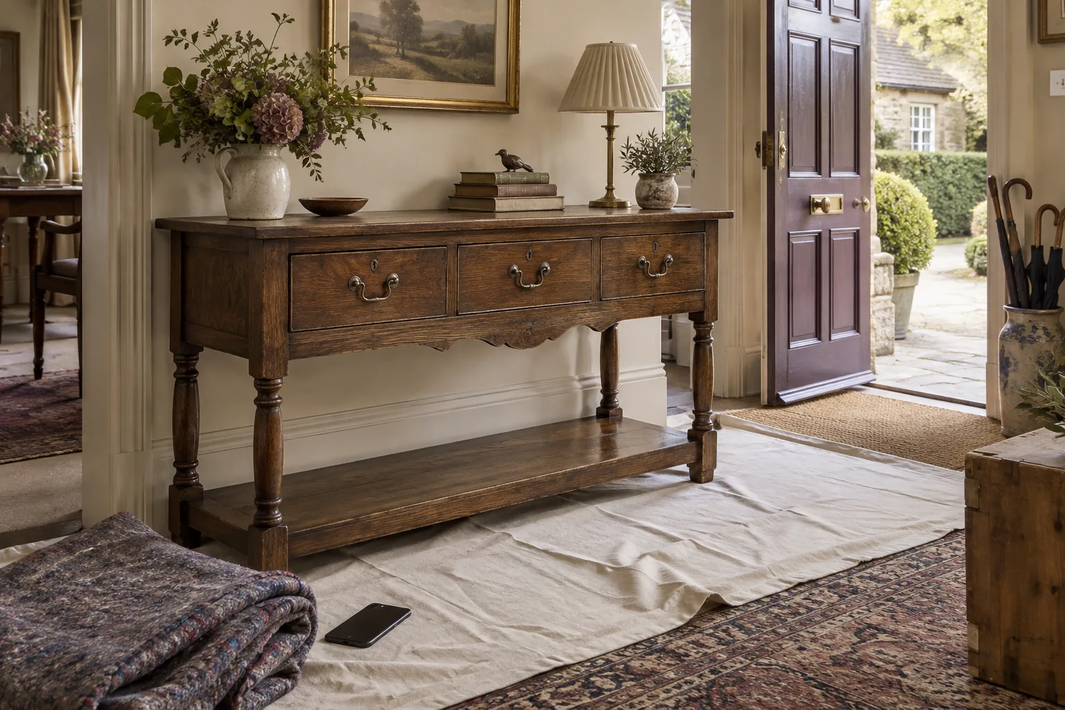 An oak console on a protective floor covering near an open doorway.