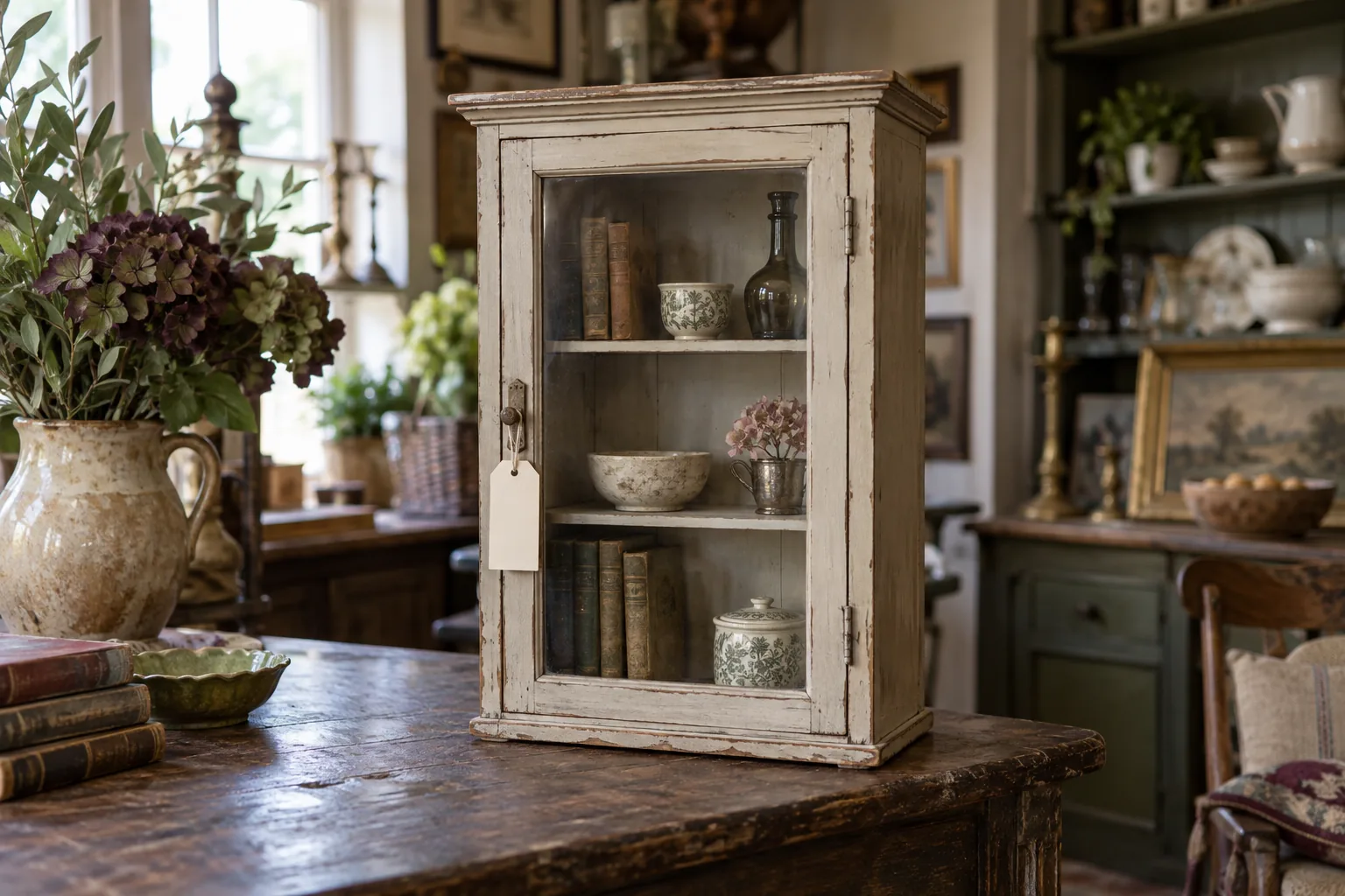 Small vintage cupboard with a blank tag tied to its handle.
