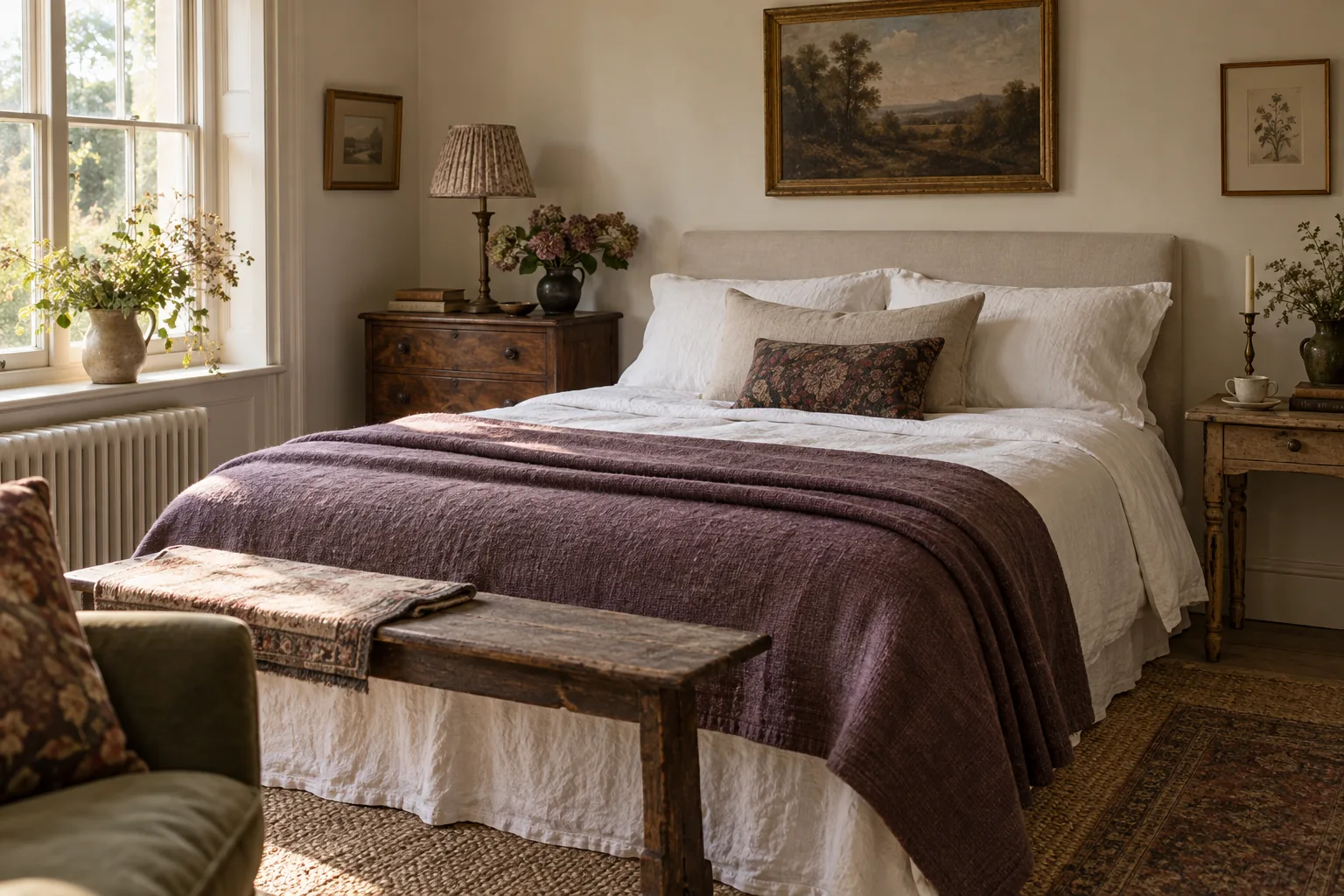 A restful bedroom with white linen, a plum throw and mismatched bedside furniture.