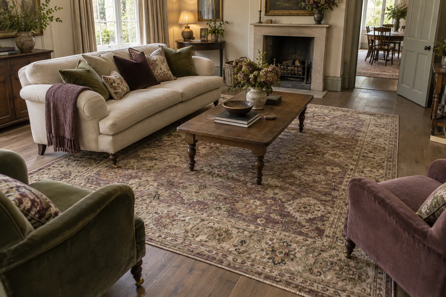 A patterned rug connecting the front legs of a sofa and armchairs.