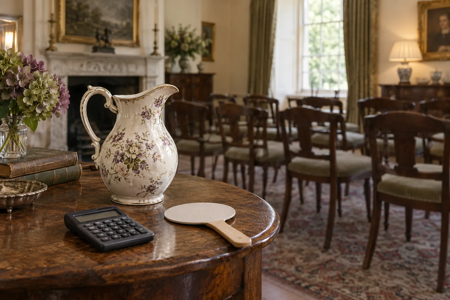 Porcelain pitcher, calculator and blank bidding paddle at an auction preview.