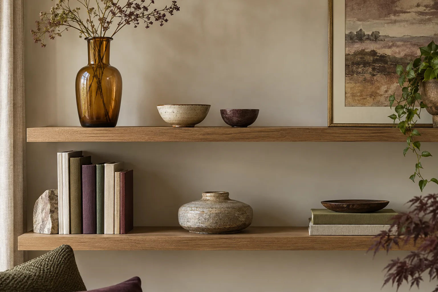 Frontal view of two oak display shelves with generous empty space: top has one tall amber vase and two small bowls, lower has books and a low stoneware vessel, visible clean outlines