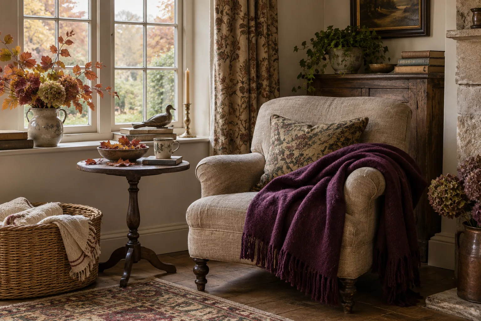 A reading chair with a wool throw beside an autumn window display.