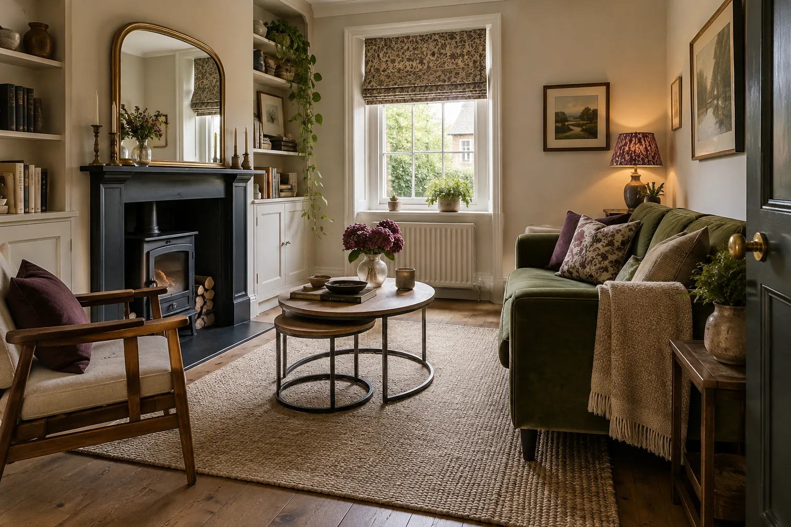 Wide corner view of compact English sitting room, small moss green sofa, slender vintage wooden armchair, round nesting tables, low rug and generous clear walking route, restrained character