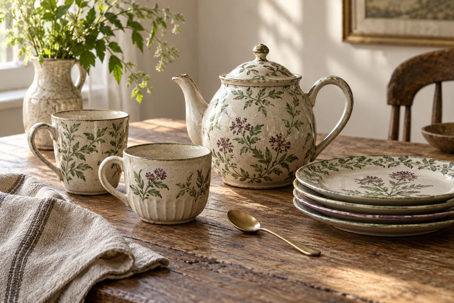 Illustrative ceramic teapot, cups and decorative plates on linen