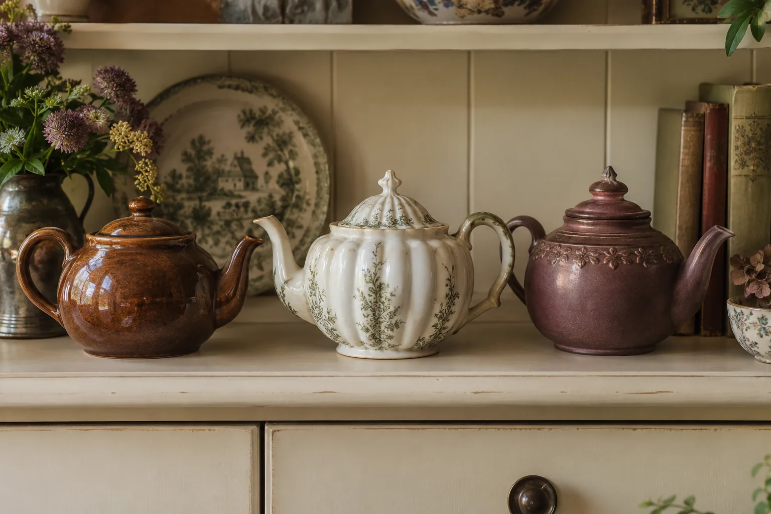 Three markedly different vintage ceramic teapots on a shallow cream dresser shelf: rounded brown glaze, pale fluted porcelain, muted plum earthenware, varied spouts handles and fitted lids, close frontal composition