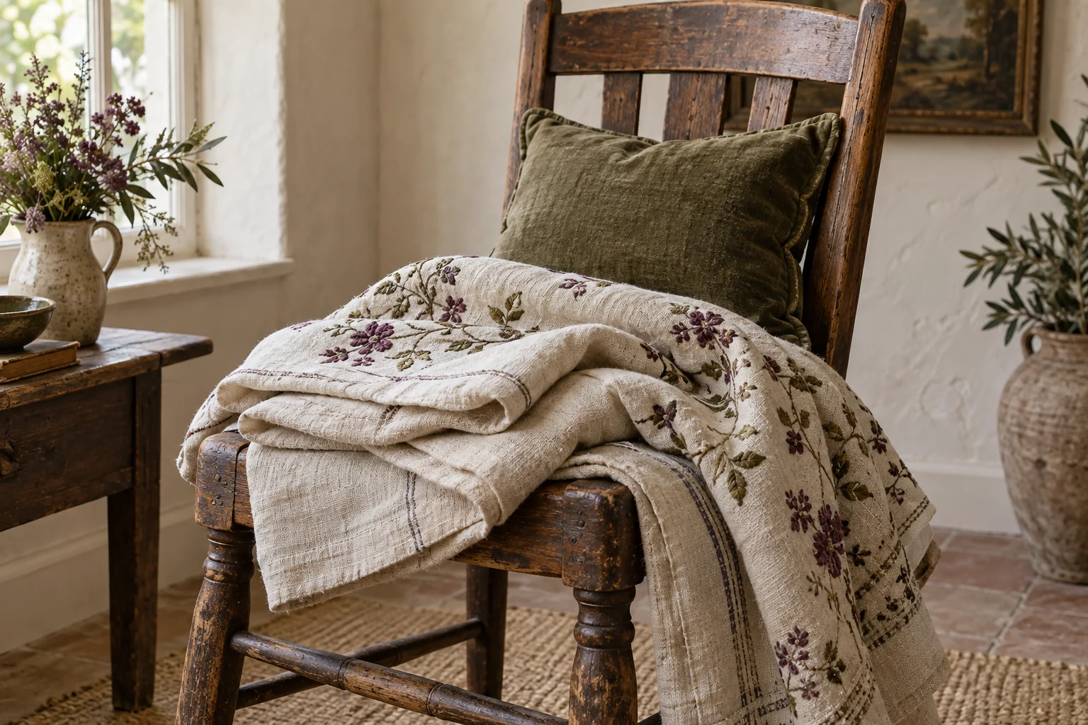Illustrative folded linen, embroidered fabric and a cushion