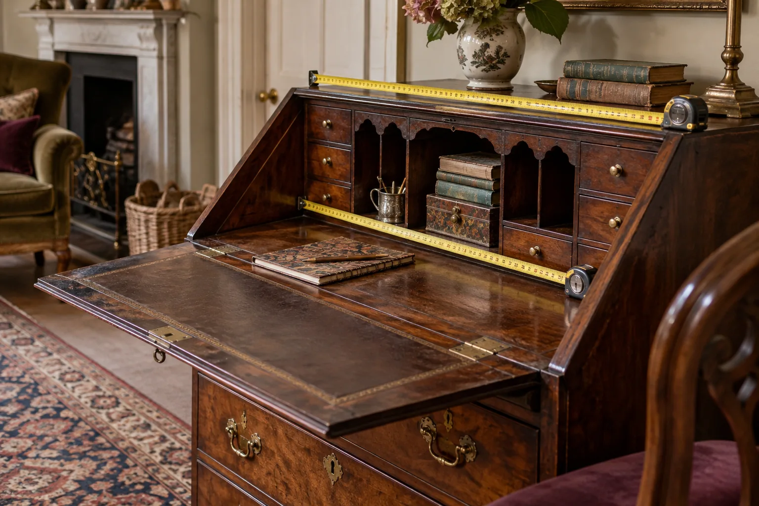 An open vintage bureau seen at a revealing diagonal angle, tape measures aligned across external width and inner usable writing compartment with markings out of focus, dimensions concept without readable numerals