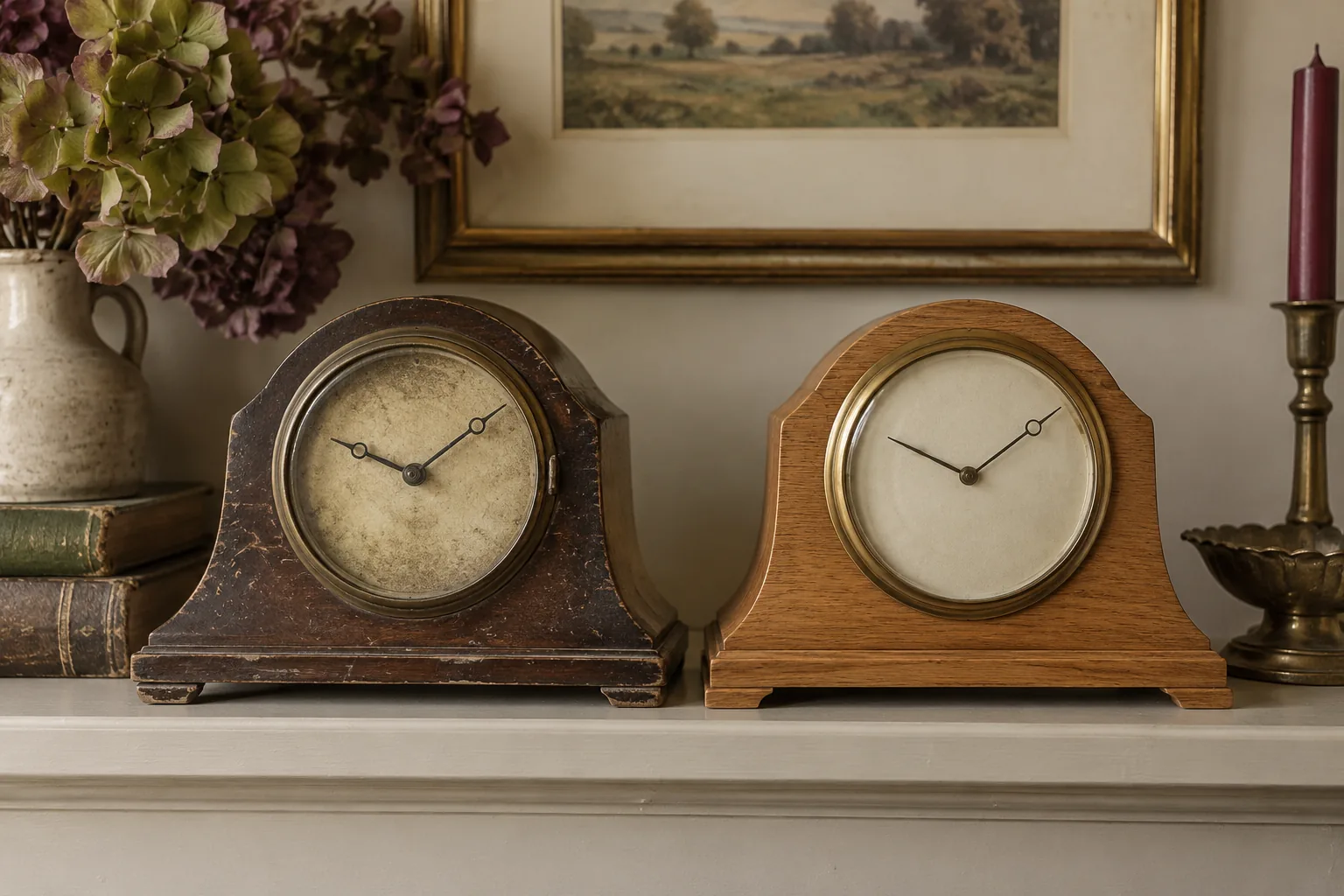 Side-by-side two modest small wooden mantel clocks, one visibly worn dark wood and another cleaner pale wood inspired by same general form, no labels or numbers, neutral dealer shelf illustrating attribution questions