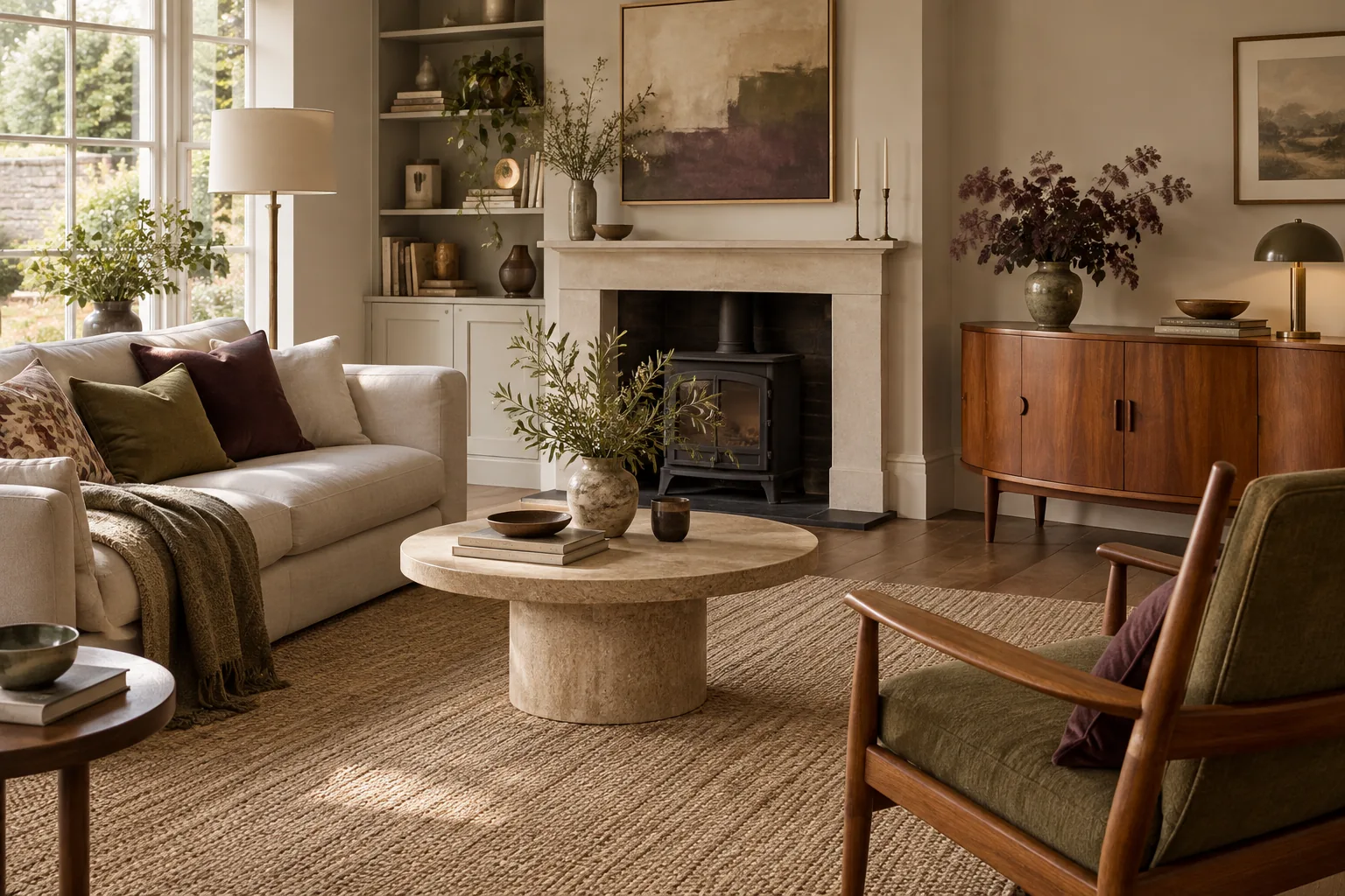 A contemporary sitting room mixing a teak sideboard with plain modern furniture.