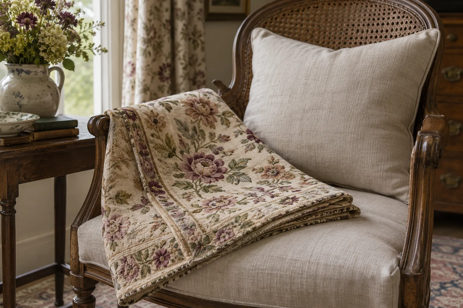 A folded floral vintage textile beside a plain linen cushion.