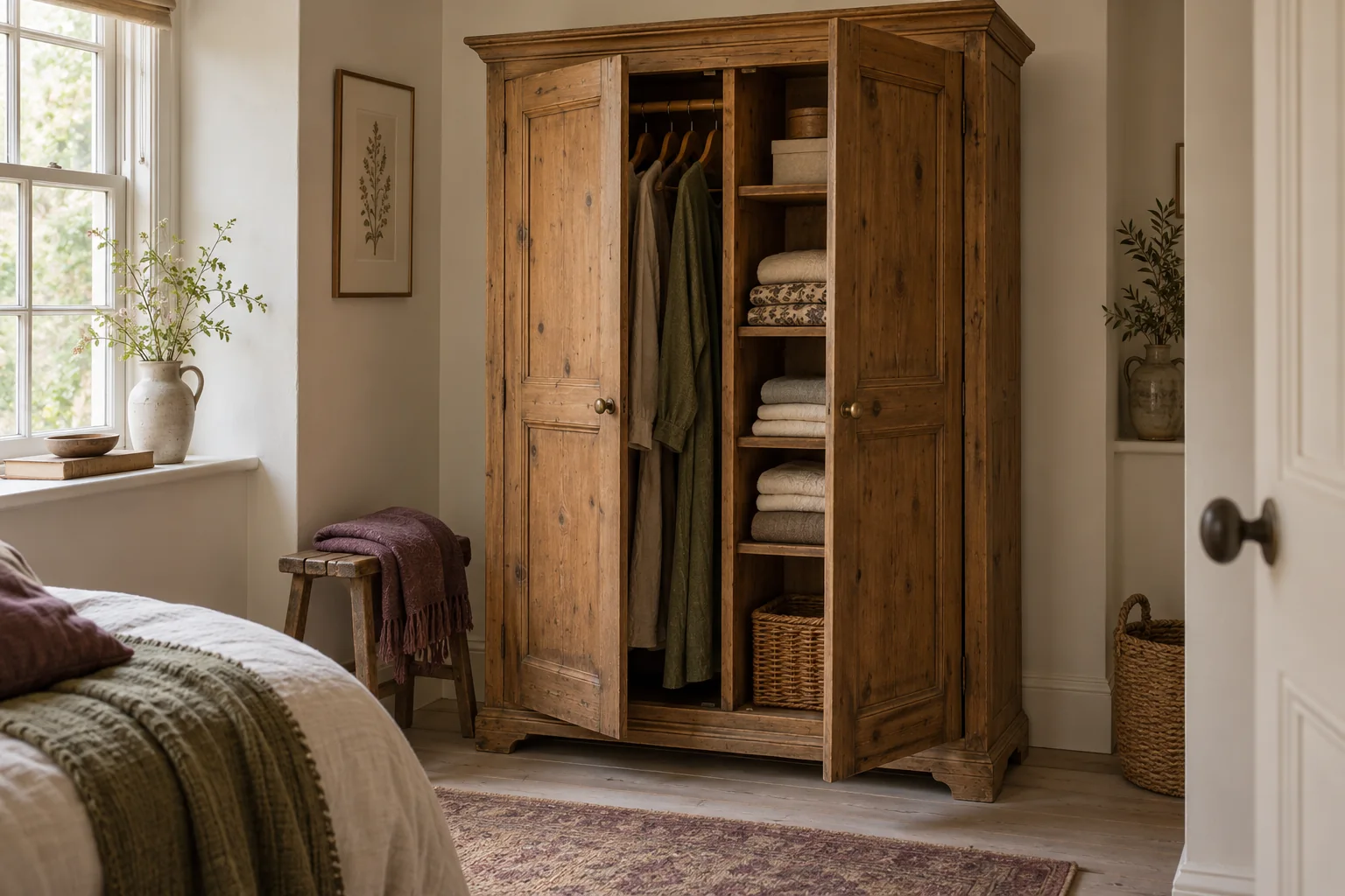 Illustrative old wooden wardrobe with its interior visible