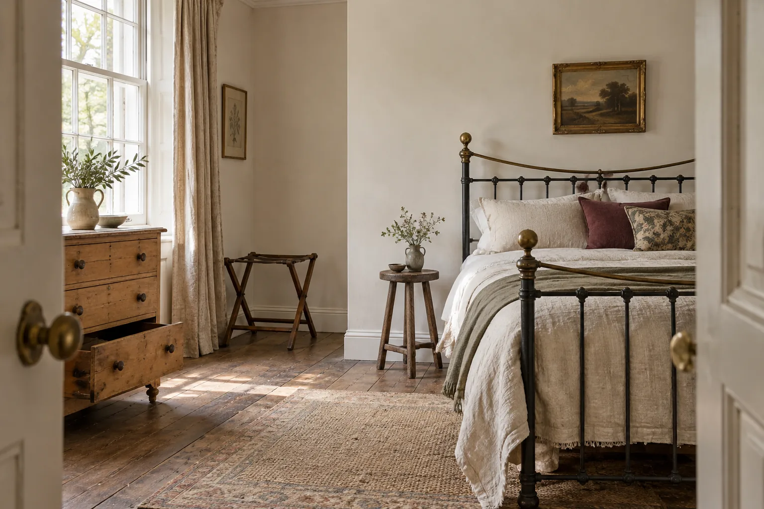Guest room with a vintage bed, clear surfaces and room to unpack.