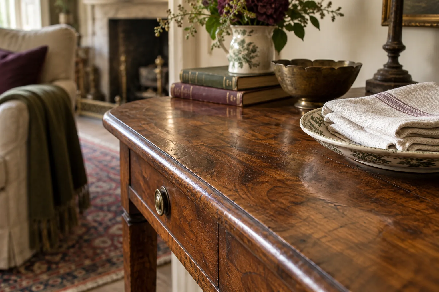 Old walnut tabletop with its existing finish and a dry cotton cloth nearby.