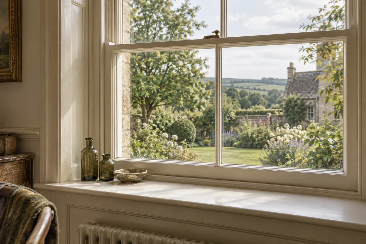 Small glass bottles and a dish on an uncluttered window ledge.