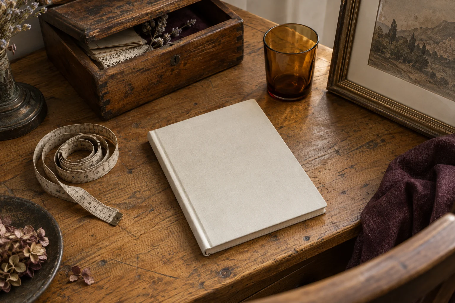 Illustrative buying notebook with a tape measure and vintage wooden box