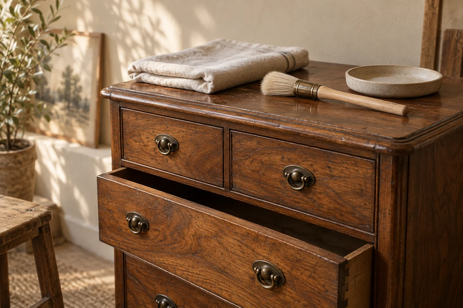 Illustrative walnut drawers with a soft cloth and a brush