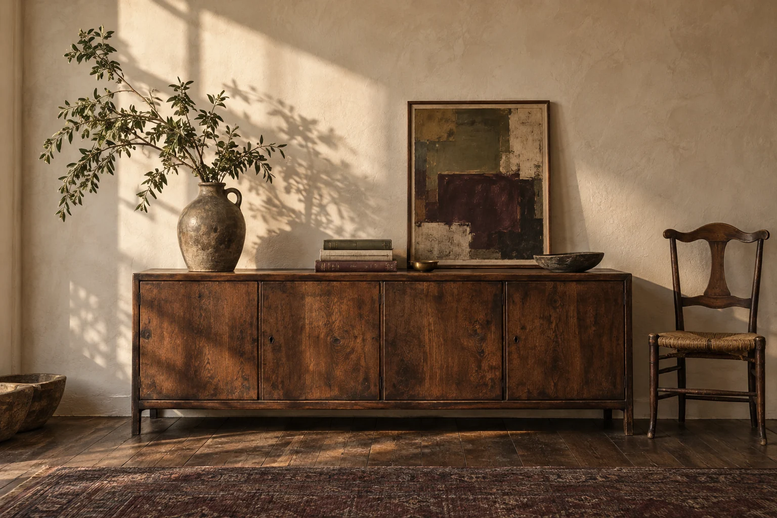 Illustrative walnut sideboard and wooden chair in a softly lit room