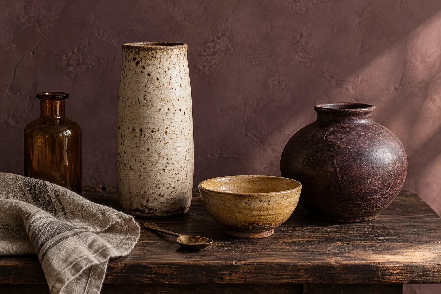 Illustrative arrangement of studio pottery on a wooden tabletop